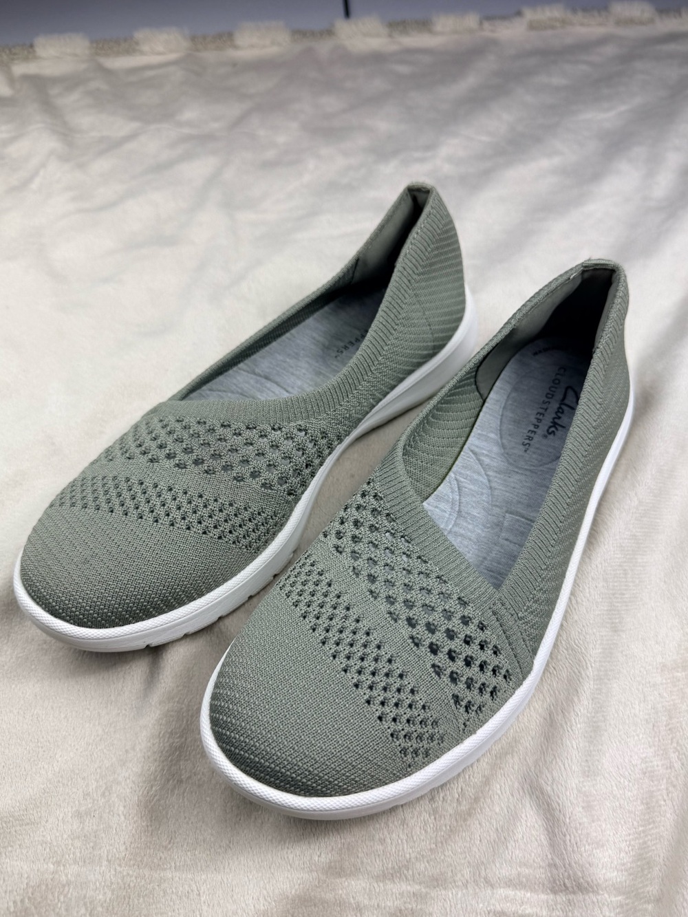 Clarks Knit Slip-On Flats in Sage Green with White Sole